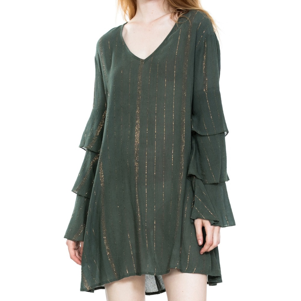 HOLIDAY V-NECK LONG SLEEVE RUFFLE MINI DRESS